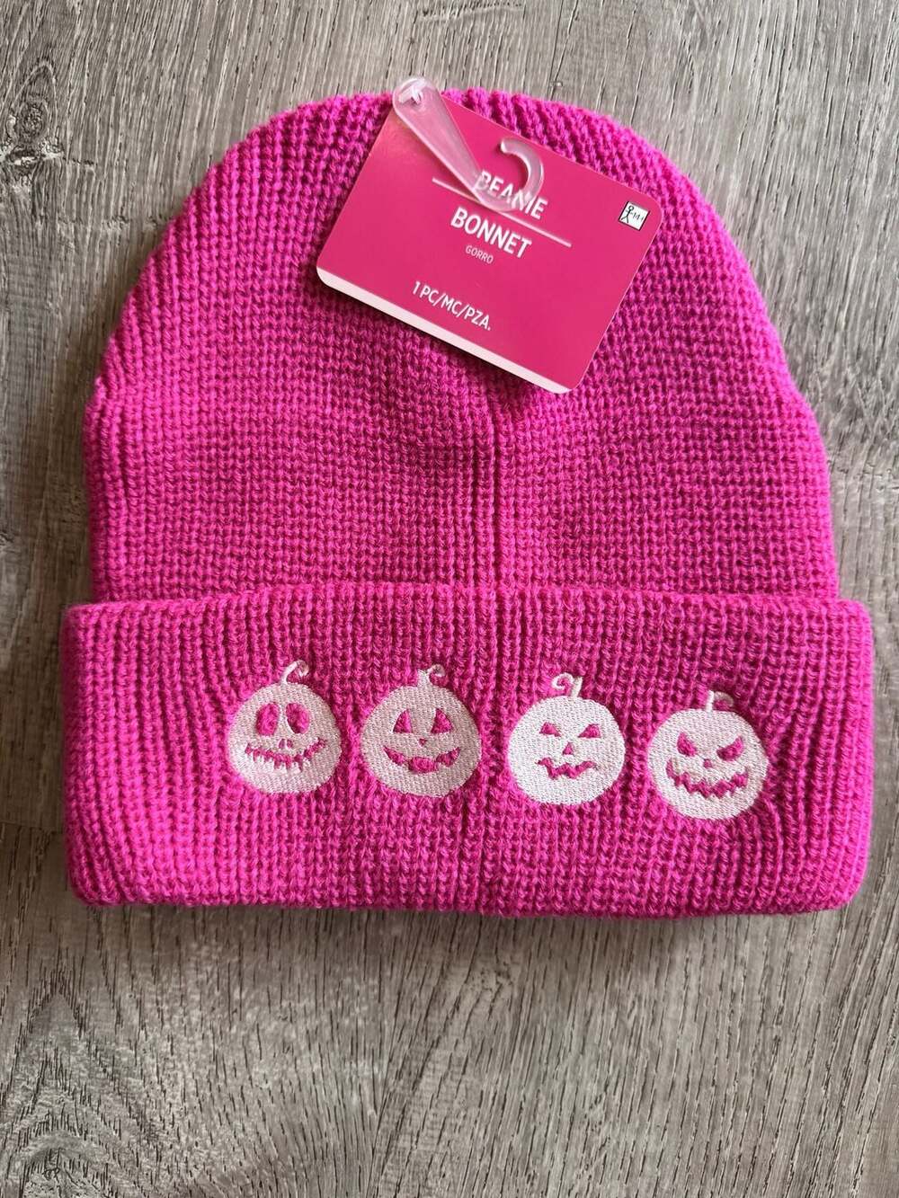Pink Beanie with Embroidered Pumpkin Faces Halloween Hat
